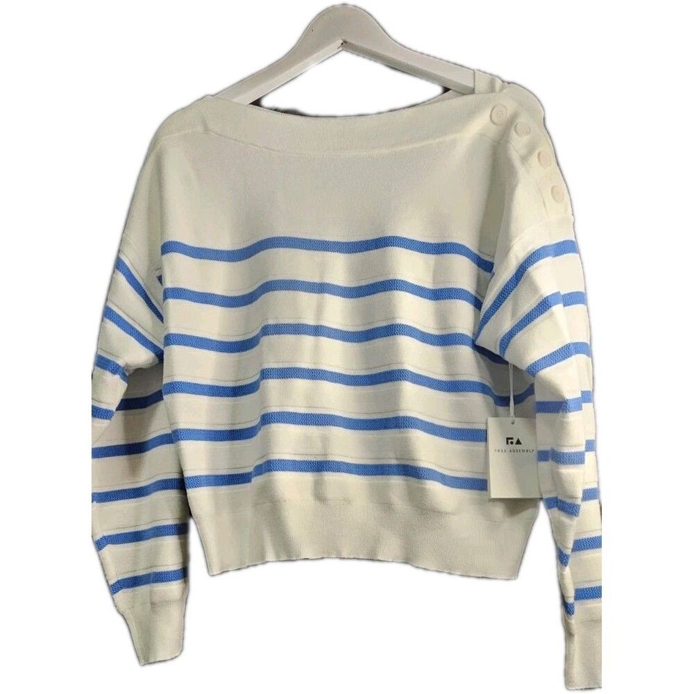 Free Assembly Striped Sweater Nautical Coastal Blue White Button Shoulder Medium